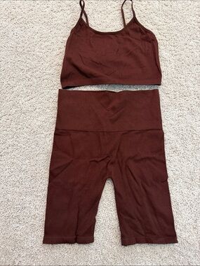 Bozzolo Chocolate Brown Ribbed Bike Shorts Set with Crop Tank